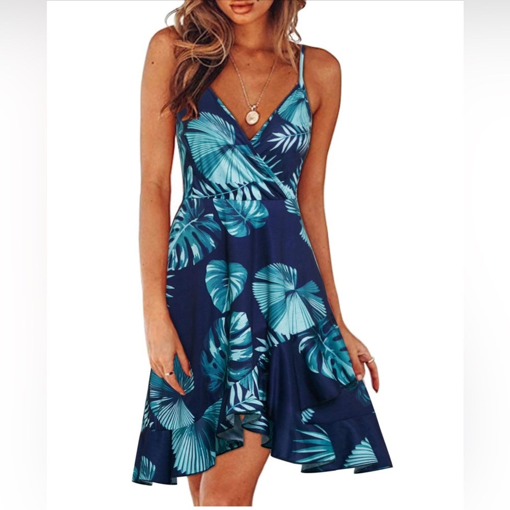 Tropical Blue and Green Dress - M